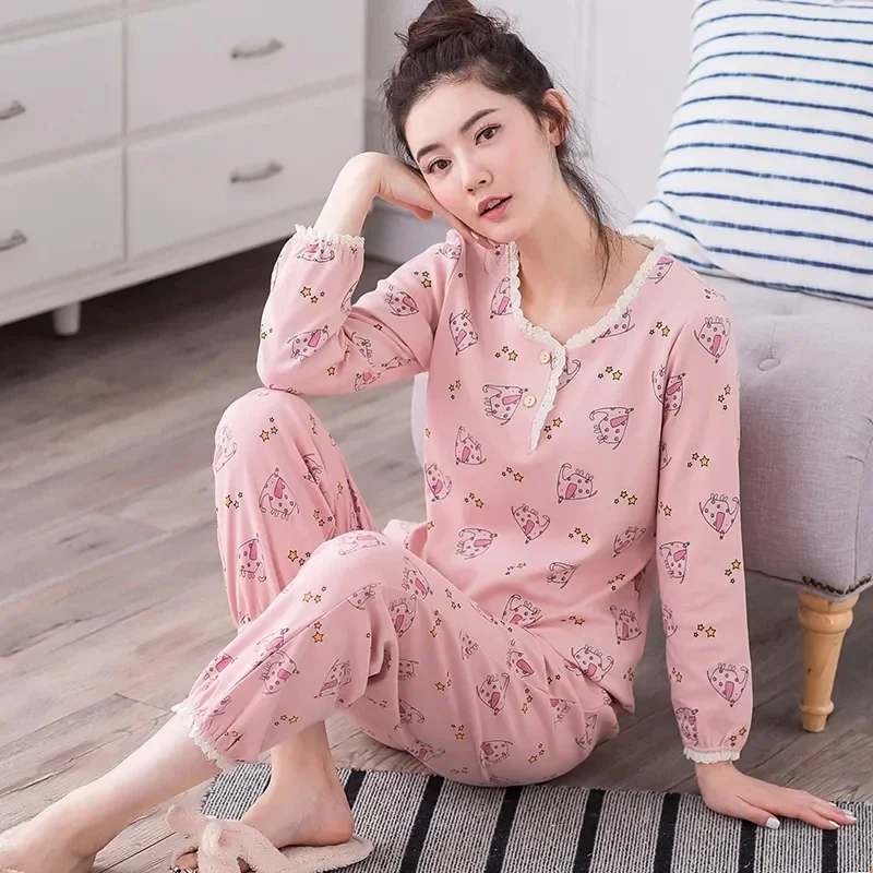 4911-36Spring and autumn pajamas women's long-sleeved pure cotton Korean sweet and cute winter casual cotton loose home service