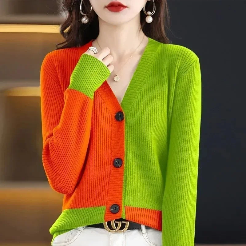 2023 Autumn/Winter Contrast Color Wool Knitted Cardigan Women Contrast Color Sweater Loose Versatile Knitted Short Coat Thin Top