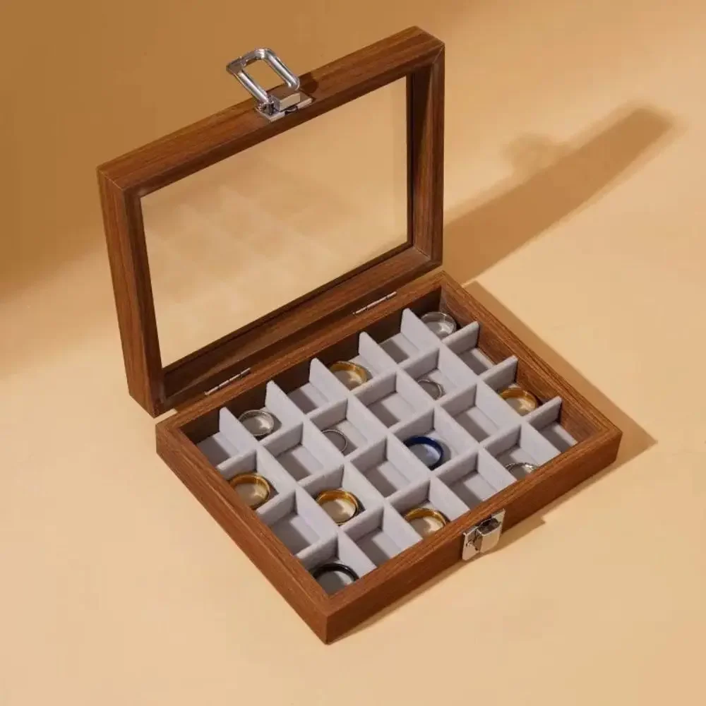 

Velvet Wooden Jewelry Box Simple Glass Lid Jewelry Display Tray Large Capacity Storage Box Ring Display Holder