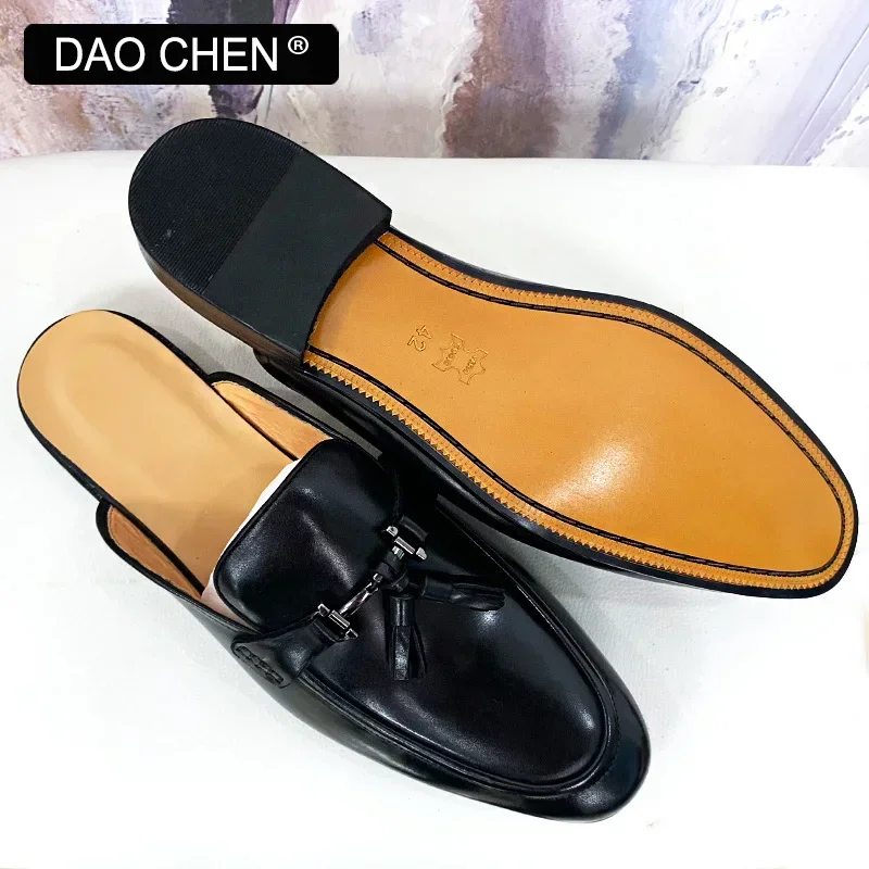 DAOCHEN BRAND MEN SHOES BLACK BROWN TASSEL SLIP ON HORSEBIT CASUAL MENS DRESS SUMMER GENUINE LEATHER HALF SHOES FOR MEN