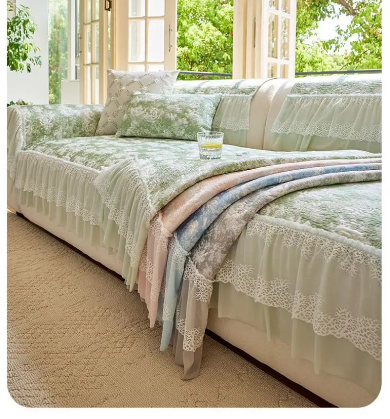 Sommerlicher, hautfreundlicher Sofabezug aus Eisseide mit Spitzenbesatz – Kühlender, atmungsaktiver Strick-Sofa-Sitzbezug – Detail 4