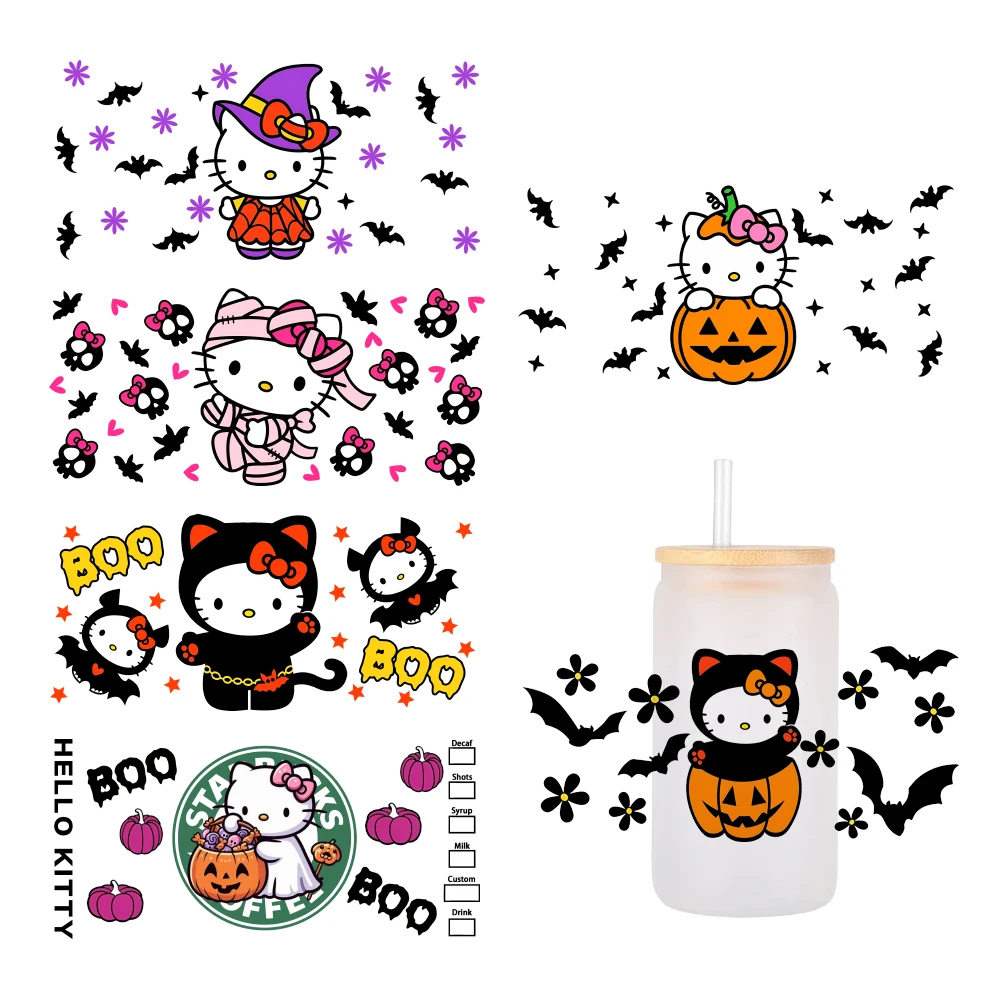 Halloween Hello Kitty  Pink cartoon For Libbey 16oz Can Glass 3D Waterproof UV DTF Coffee Can Wrap Libbey Glass Wrap