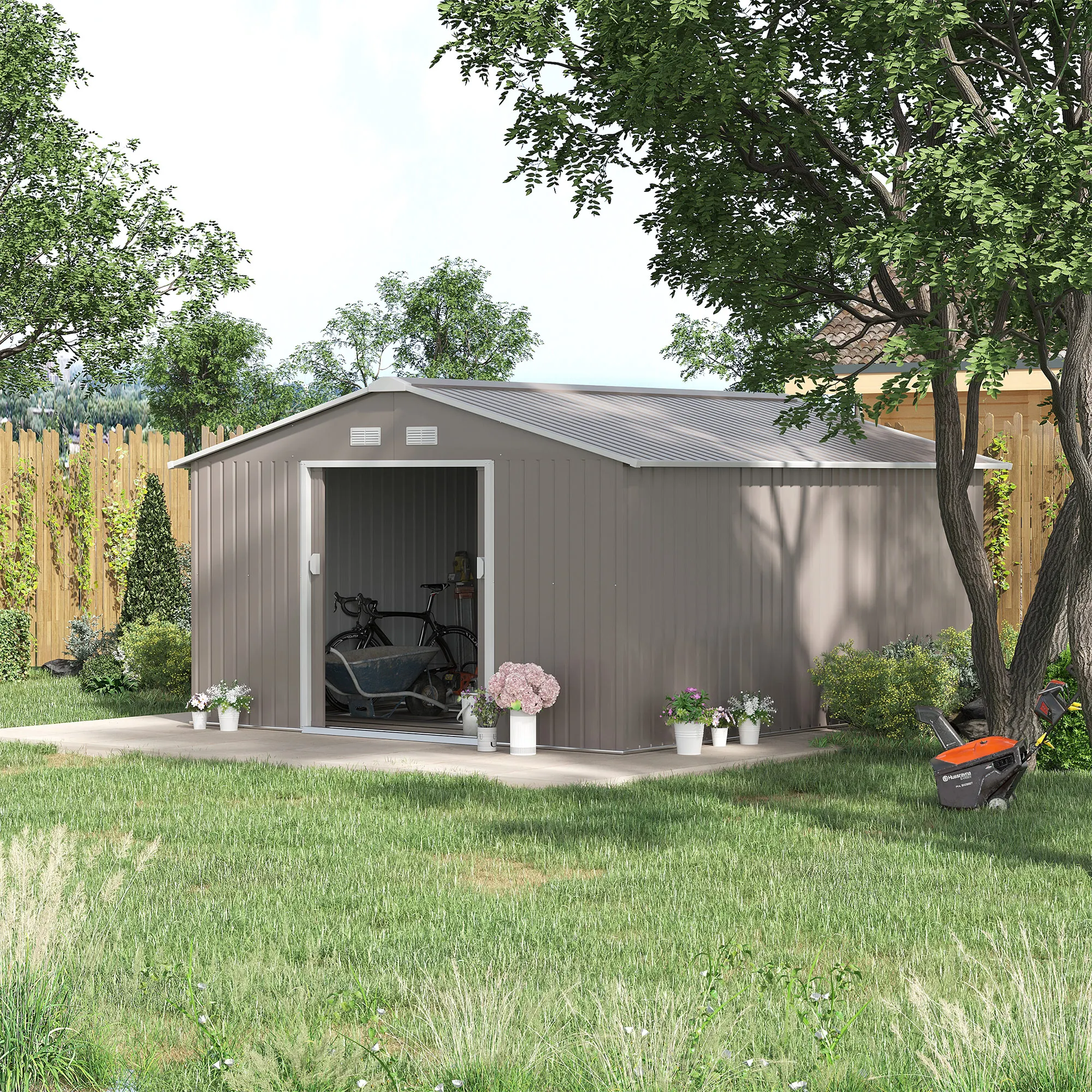 

13' X 11' Steel Outdoor Utility Storage Tool Shed Kit for Backyard Garden, Grey