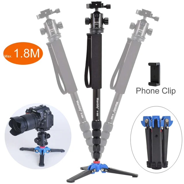 Manbily A-666 profesjonalny przenośny podróżny aparat DSLR monopod stojak trójnóg KB-0 głowica kulowa M2 podstawa stojaka maksymalna wysokość 1,8 m