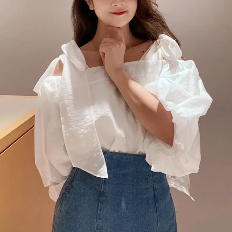 Kuzuwata Japan Bow Tie Loose Off Shoulder Tops Short Lantern Sleeve Lace Up Chemise Femme 2024 Chiffon Solid Color Sweet Blouses