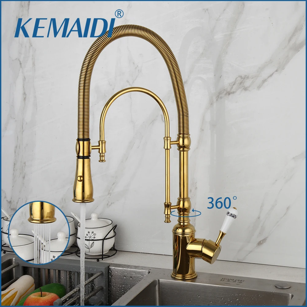 KEMAIDI-Spring Pull Down Kitchen Sink Faucet, Misturador quente e frio, Torneira de guindaste com bico duplo, Deck montado, Dourado