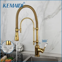 KEMAIDI grifo de fregadero de cocina extraíble con resorte dorado, mezclador de agua caliente y fría, grifo de grúa con caño Dual, grifos de agua fría y caliente montados en cubierta