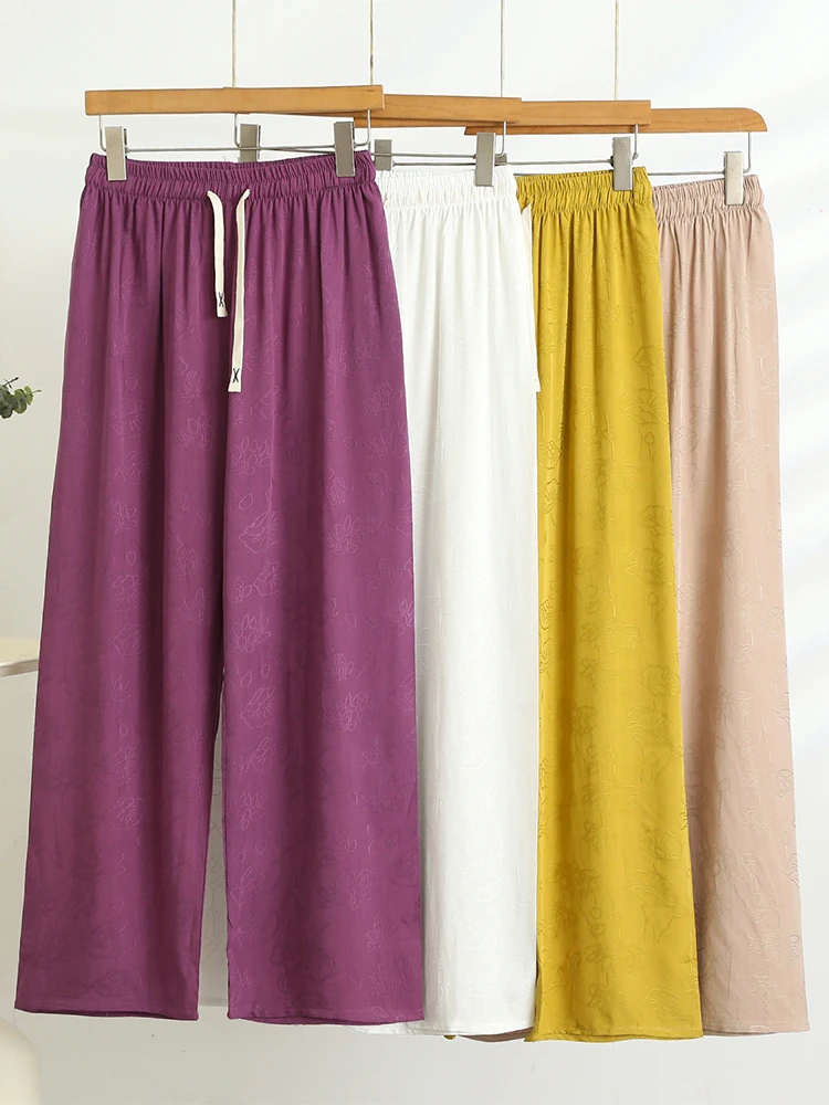 Silk Wide Leg Pants Women Summer Versatile Thin Loose Floor-Length Pants Artificial Cotton plus Size High Waist Casual Pants