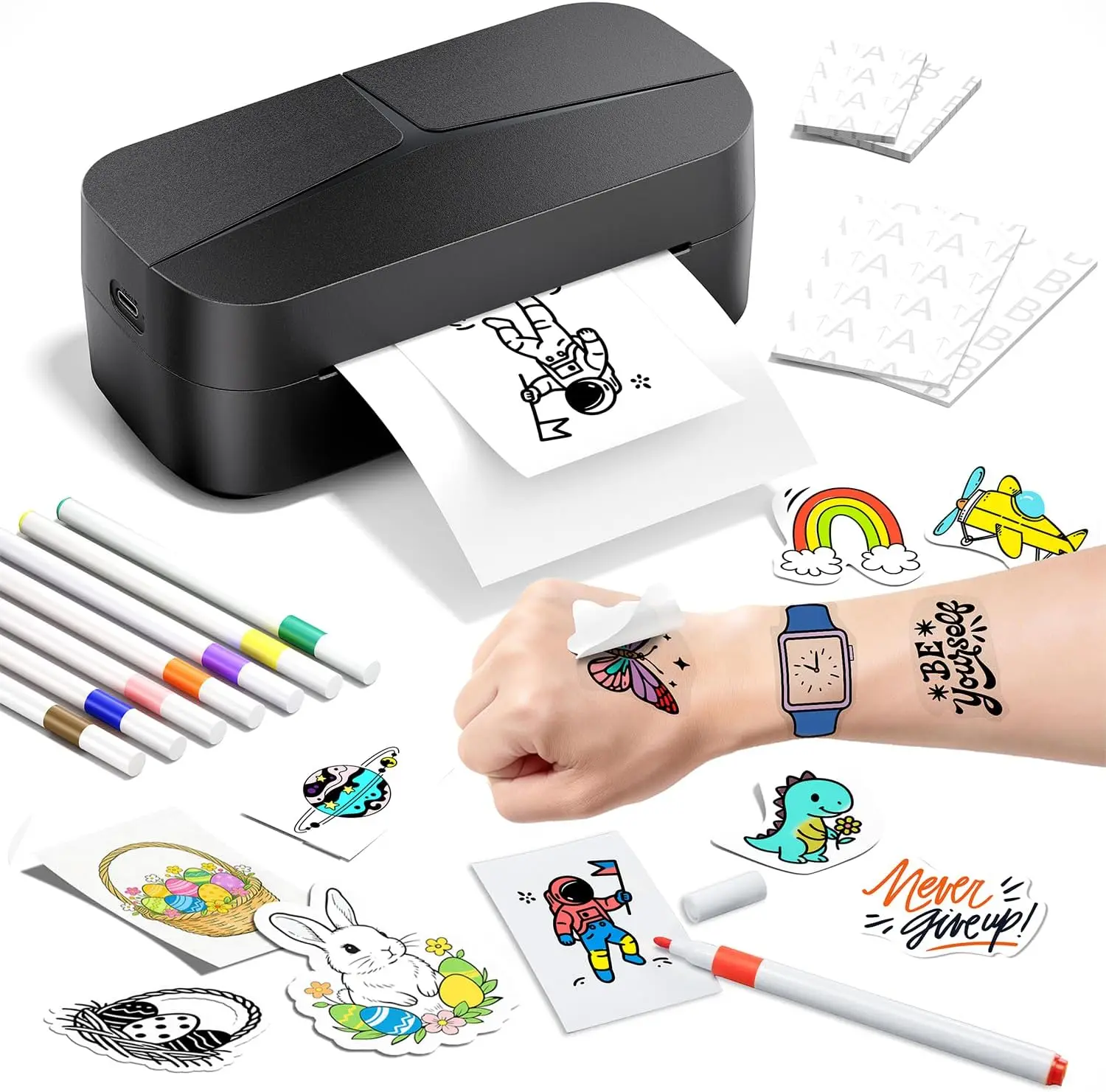 

Temporary Tattoo Maker Kit - DIY Custom Stickers in Minutes, Complete Set with Markers & Papers, Fun Party Gift for All Ages