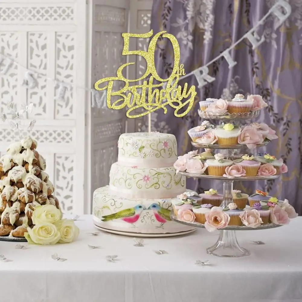 Gold happy 50th birthday cake topper,Hello 50, Cheers to 50 Years,50 & Fabulous Party Decoration(50)