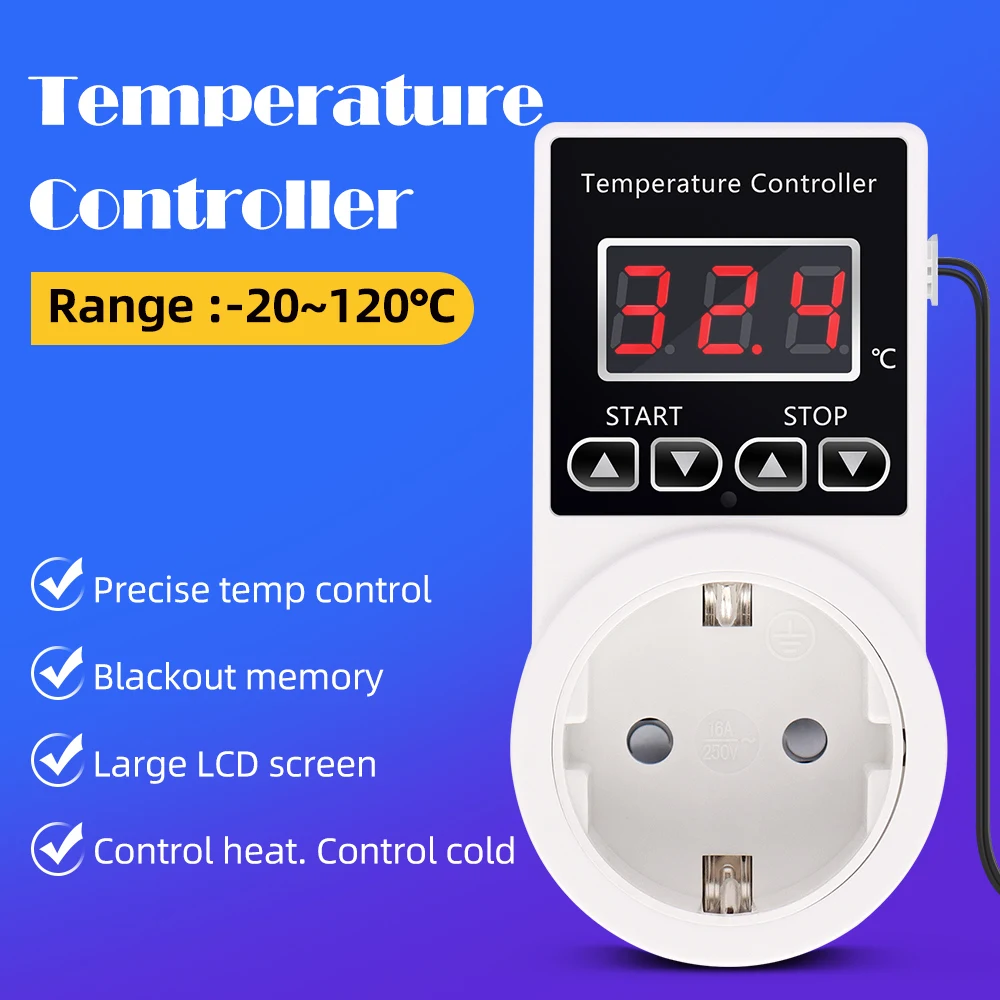 

ЖК-цифровой регулятор температуры, розетка с таймером, датчик, зонд, нагрев, охлаждение, затемняющая память, вилка европейского стандарта