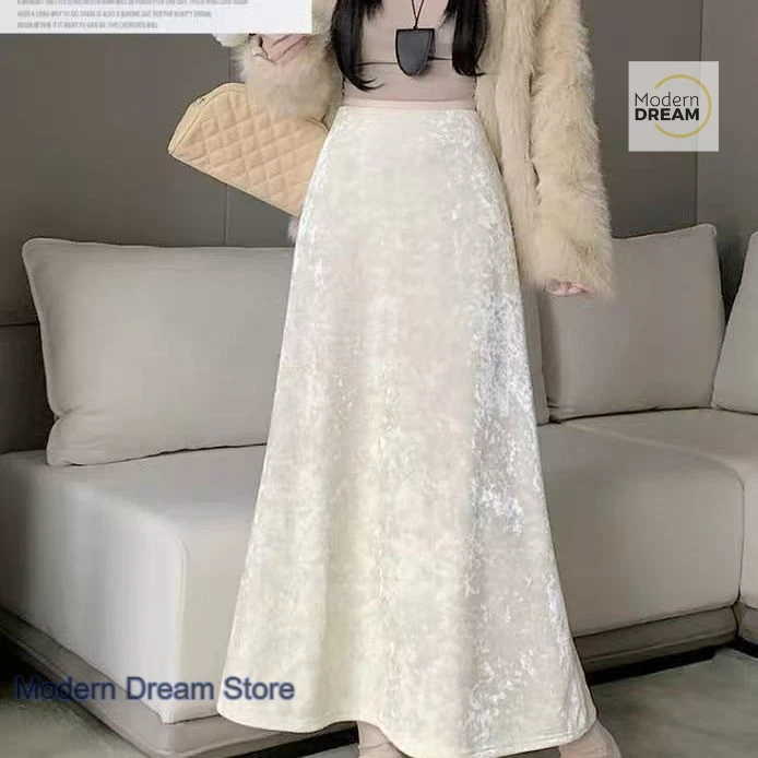 

French solid color fashion velvet skirt women's autumn and winter new temperament casual high waist long Joker A-line skirt