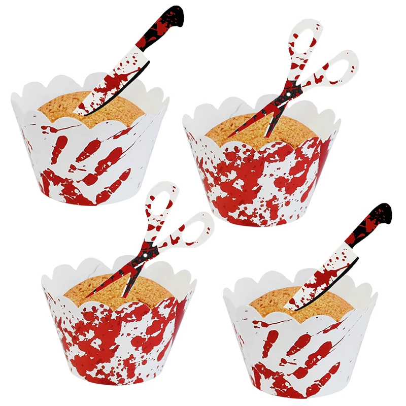 24/48Pcs Halloween Cupcake Topper Wrappers Bloody Knife Scissors Cake Decoration Halloween Birthday Party Supplies Baking Tools