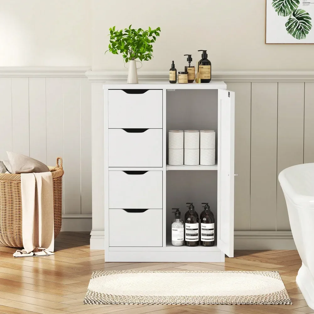 

Bathroom Floor Storage Cabinet, Wooden Storage Organizer With 4 Drawers And 1 Door, Freestanding Pantry Cabinet With Adjustable