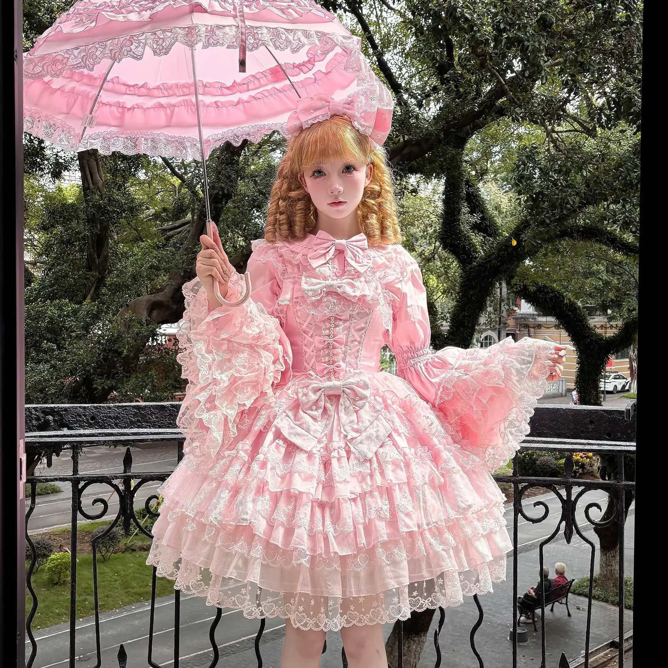 Vestido rosa de Lolita para mujer, vestido Jsk con lazo de encaje y costuras, bonito y dulce vestido con tirantes para niña, camisa interior de manga larga, capa con horquilla Y2k