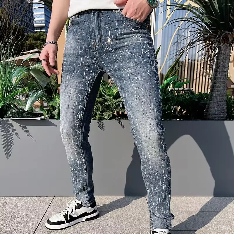 Pantalones vaqueros de marca con diamantes de imitación para hombre, jeans casuales a la moda, envío directo