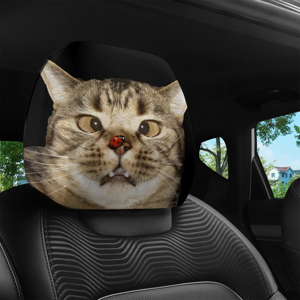 2pcs Cute Cat And Ladybug Print Headrest Covers, Easy To Install And Wash, Relieve , Fit, Suitable For Long Distance Driving,