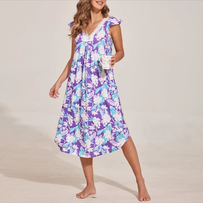 

Krismile Flying Sleeve Nightdress Women Summer 2025 Modal Comfort Lace V Neck Chic Printing Folds A-line Elegant Nightgowns