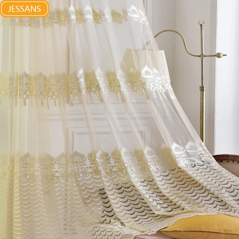 

Customized European-style window screen high-end embroidery flower gray beige gauze curtains living room balcony blackout