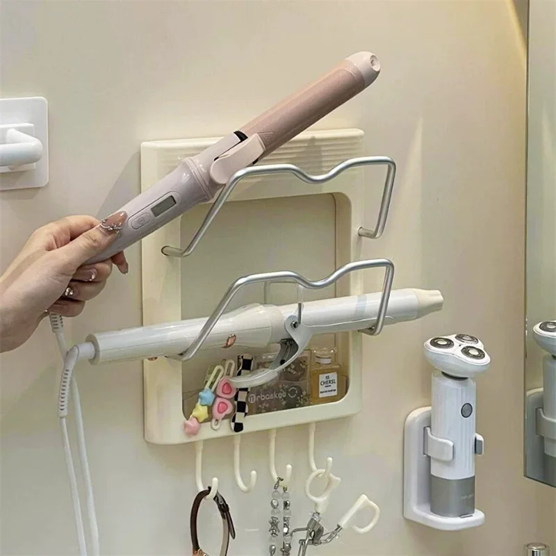 

Настенный держатель для фена, органайзер для инструментов для укладки волос, 2-слойная проволочная корзина для хранения с крючками, полка для щипцов для завивки волос без перфорации