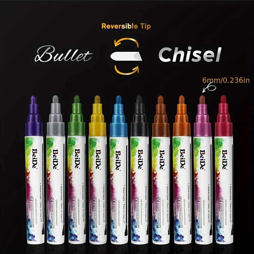 Bold 10 Metallic Colors Liquid Chalk Marker Pen for Chalkboard, Blackboard, Window, Bistro, Car Glass, Board, Mirror, Erasable