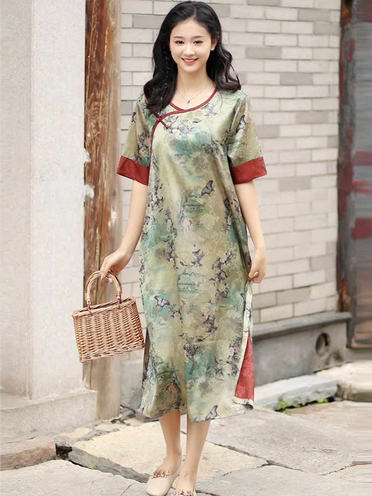 

Chinese Style Women Casual Dress New Arrival 2025 Summer Vintage O-neck Floral Print Loose Female A-line Long Dresses T444