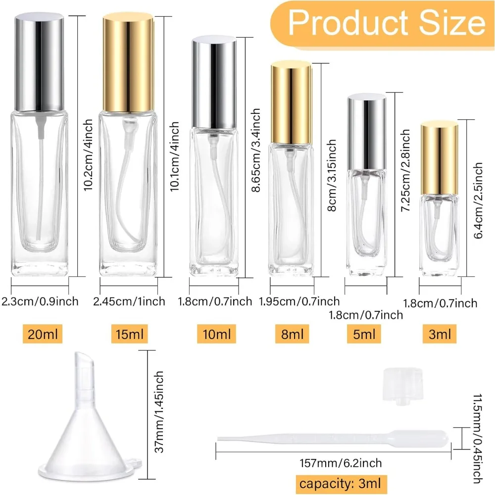 6Pcs 3/5/8/10/15/20ml Refillable Glass Perfume Atomizer Bottle with Plastic PumpFunnel Hopper and 3ml Dropper