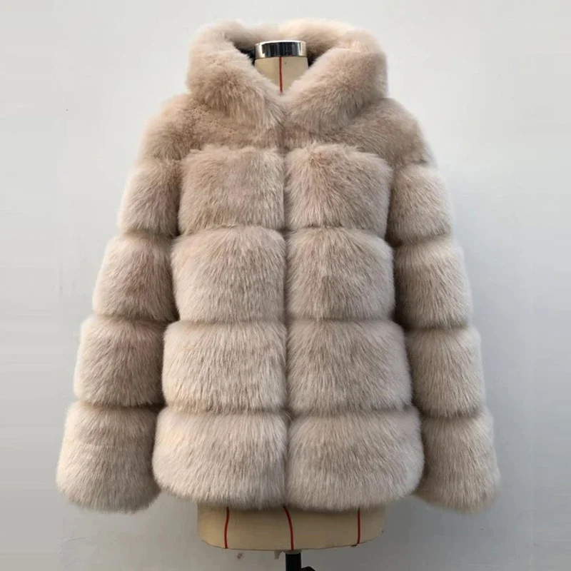 

2024 Winter Thick Warm Faux Fur Coat Hooded Women Long Sleeve Fake Jacket Luxury Artificial Fuzzy Z468