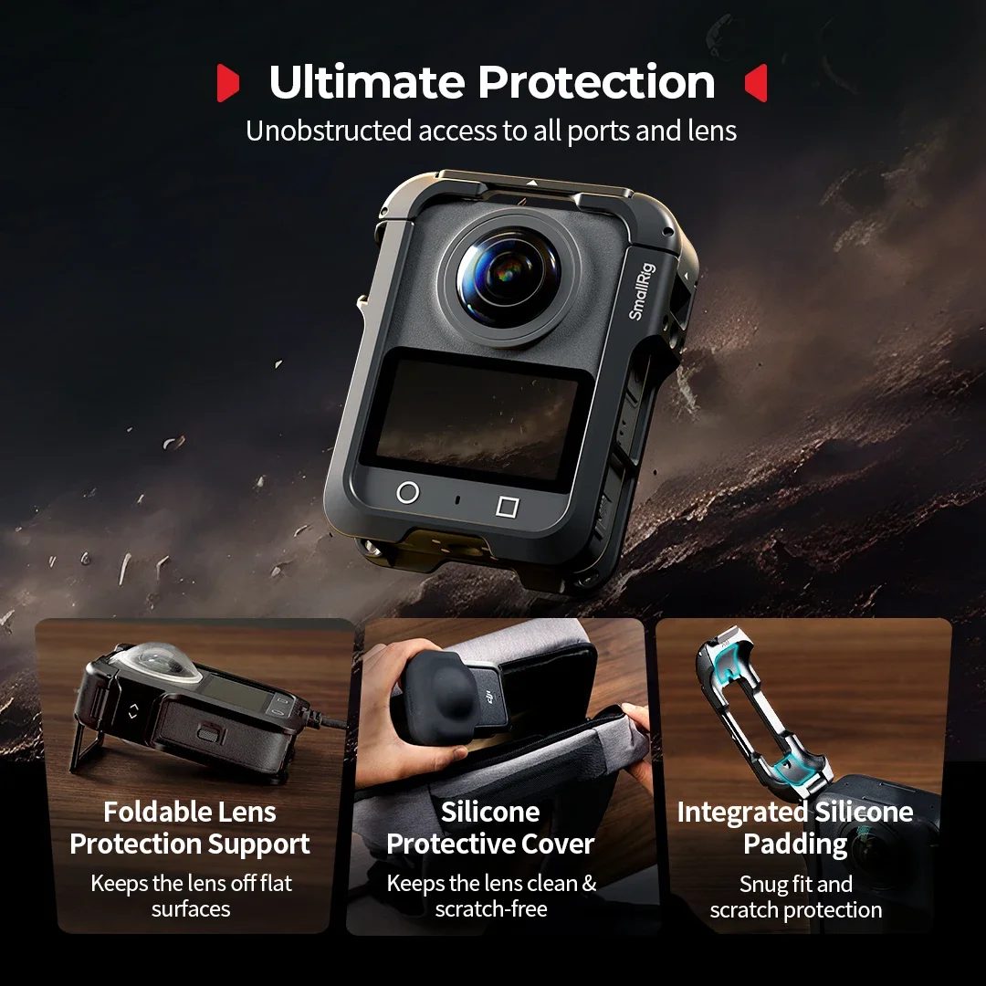 قفص SmallRig 5704 لـ DJI Osmo 360 مع غطاء عدسة سيليكون 1/4 بوصة - 20 برغي مع دبابيس مضادة للالتواء حذاء بارد خفيف الوزن للغاية 48 جرام