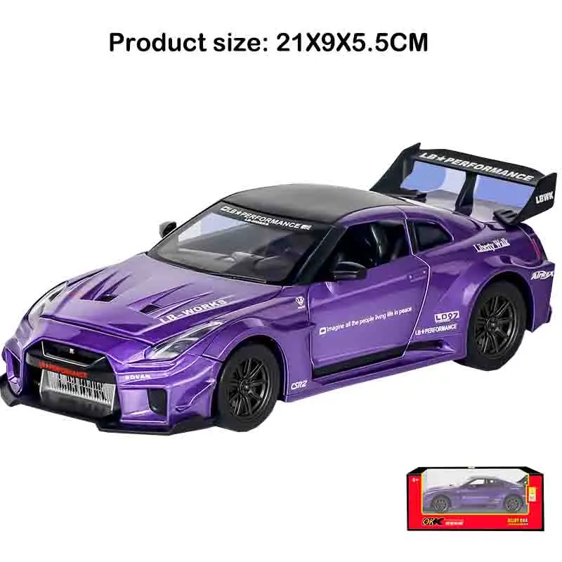 Modelo de coche de juguete GTR R34 CSR2, escala 1:24, puertas extraíbles, luz de sonido, modelos de vehículos en miniatura, regalos favoritos para niños