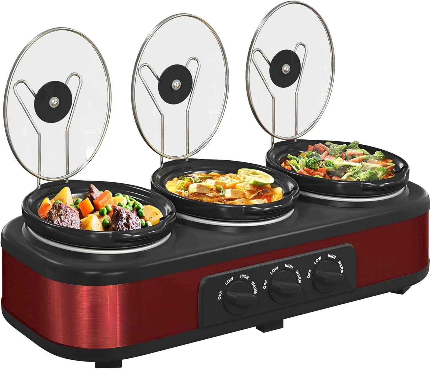 

3 Pot Food Small Mini Manual Slow Cooker with Adjustable Temp Stainless Steel Lid Rests,Removable Ceramic Pot,3 * 1.5 Quarts Red