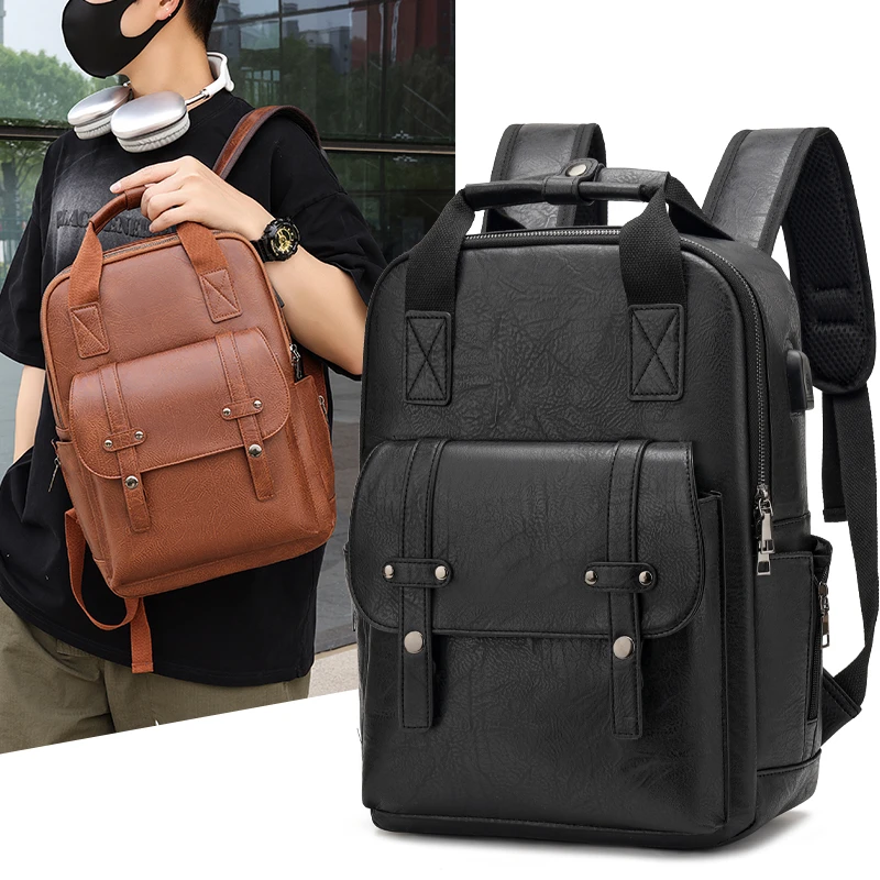 

men waterproof backpack USB Fashion pu travel backpack Multi-functional business laptop bag mochila para viaje 백팩 sac a dos