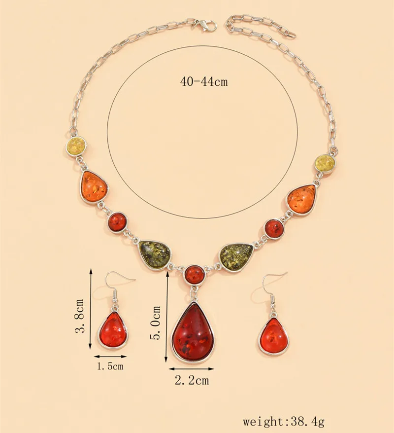 Kymyad Elegant Women Jewelry Colorful Resin Stone Jewelry Sets Vintage Geometric Square Water Drop Pendant Necklace Earring Sets