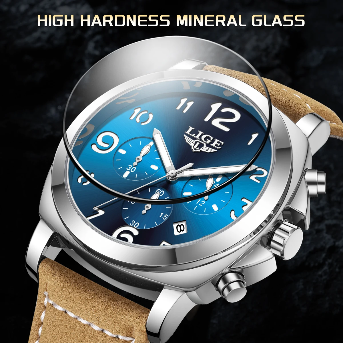 LIGE Casual Leather Watches For Men Top Brand Luxury Big Dial Watch Men Fashion Waterproof Luminous Date Chronograph Clock Male