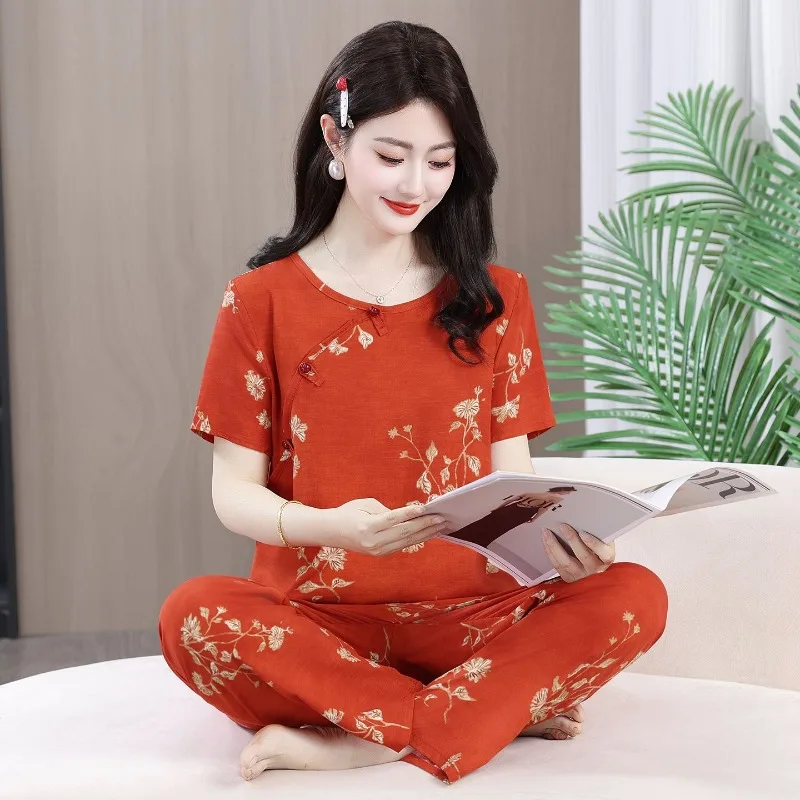 

Cotton and Silk Comfortable Home Wear Cool and Breathable Mom's National Style Summer Fashion Short-sleeved Summer Two-piece Set