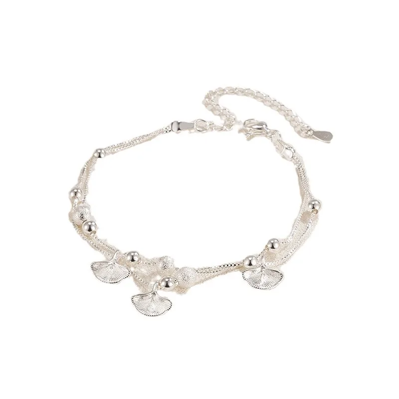 925 Sterling Silver 2- Layer Beads Ball Ginkgo Biloba Chain Bracelets For Women Homme Valentines Gift Wedding Party Jewelry