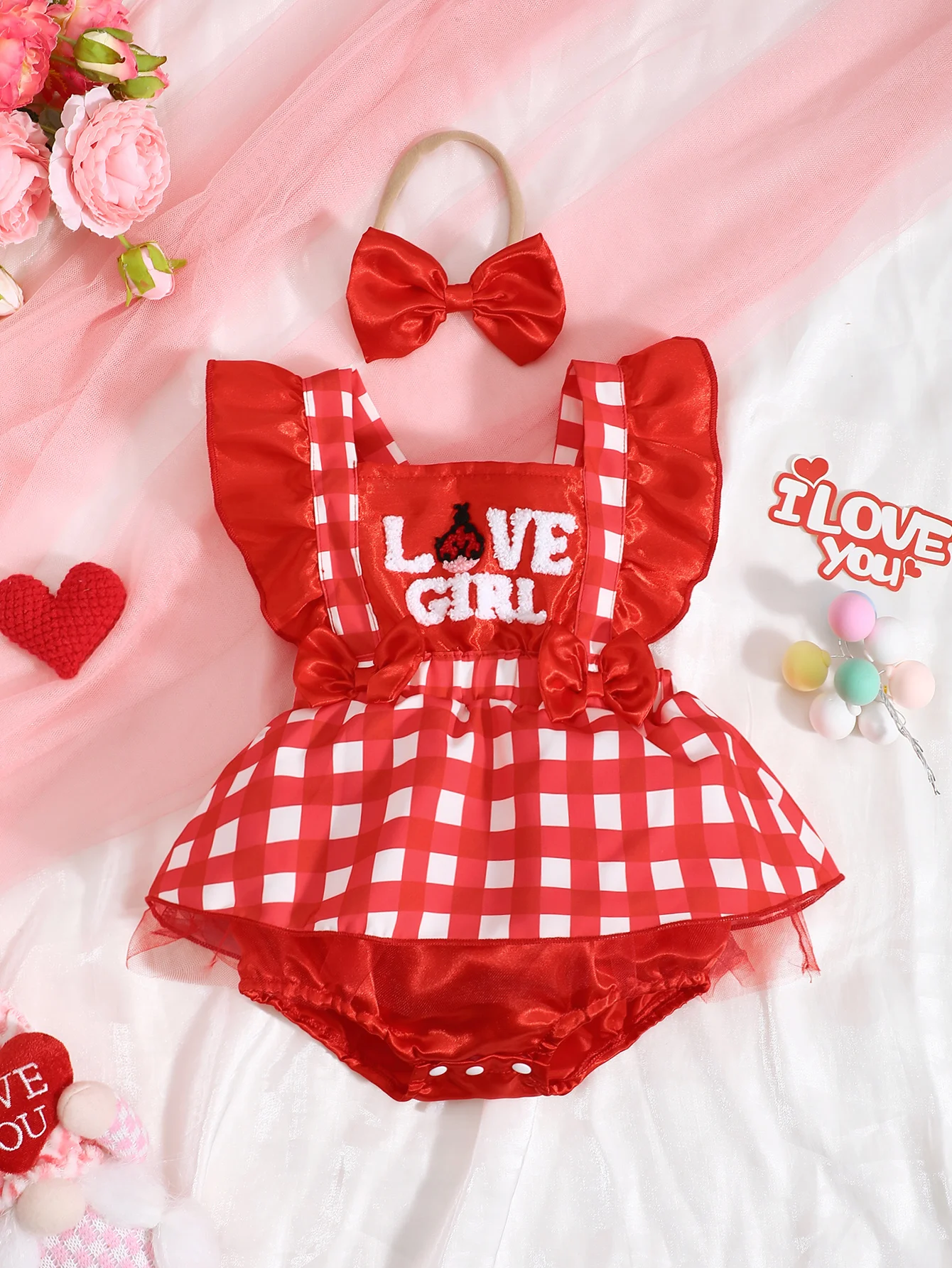 Adorable Princess Plaid Onesie with Embroidered Letter Design for Baby Girls Valentine's Day Outfit with Headband