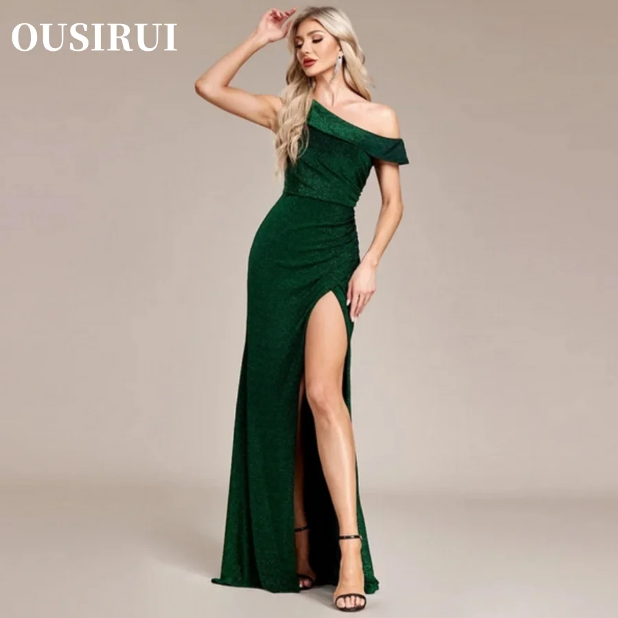 Vestido de fiesta de punto elástico de hilo plateado brillante para mujer, Vestido largo de sirena verde, un solo hombro, vestido de noche largo lateral