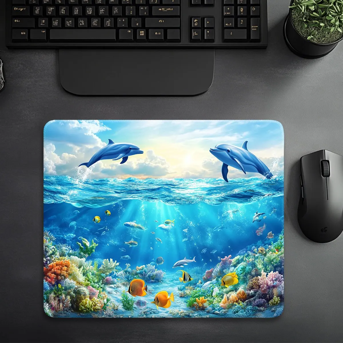

Ocean-themed mouse pad with dolphin and colorful fish anti-slip and washable rubber base is suitable for gaming and office use