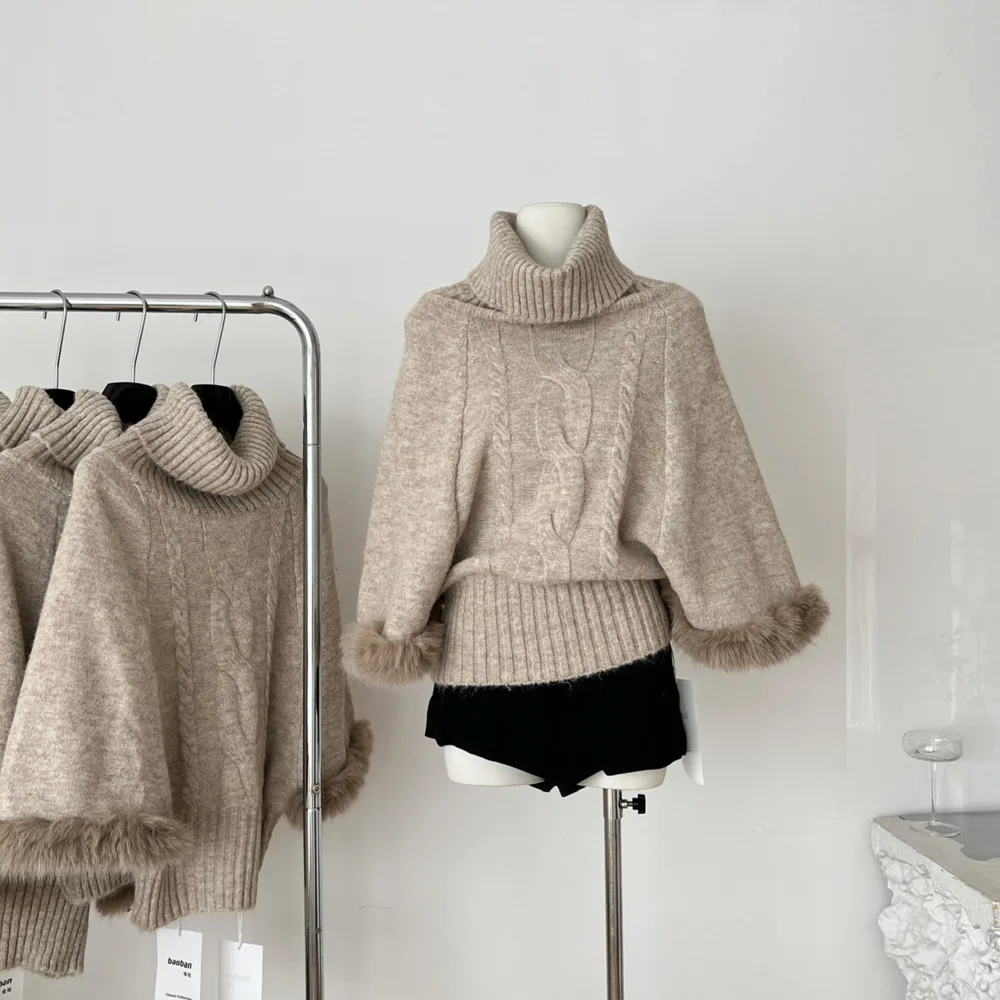 

High Quality Autumn Winter New Fashion Off Shoulder Loose Knitwear Sweater Pullover Women Casual Chic Mao Cuff Sleeve Turtleneck
