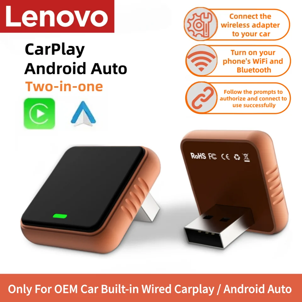 

Оригинальный беспроводной адаптер Lenovo 2-в-1 для CarPlay и Android Auto, USB-донгл для автомобиля, быстрое подключение, 5G Wi-Fi, AI Smart Box