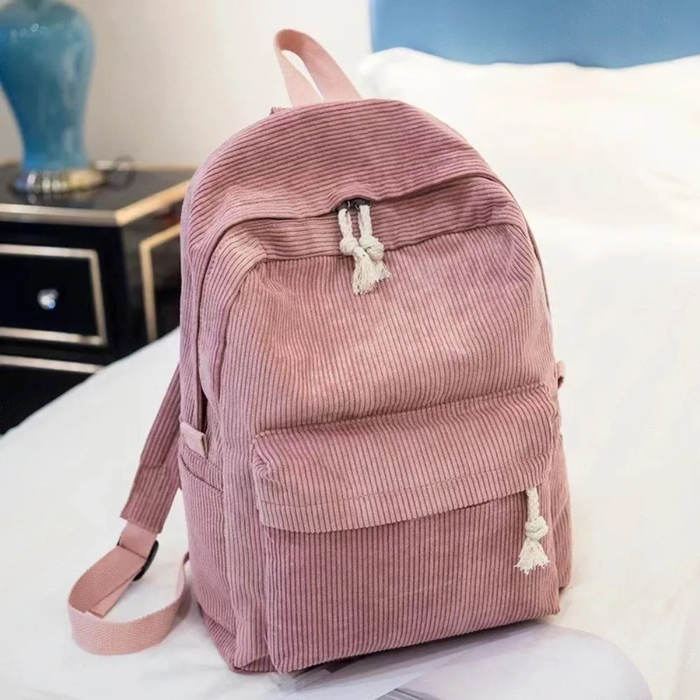 Ransel Corduroy Ringan Harajuku Warna Solid Tas Sekolah Siswa Gaya Jepang Kapasitas Besar Tas Ransel Siswa untuk Perjalanan