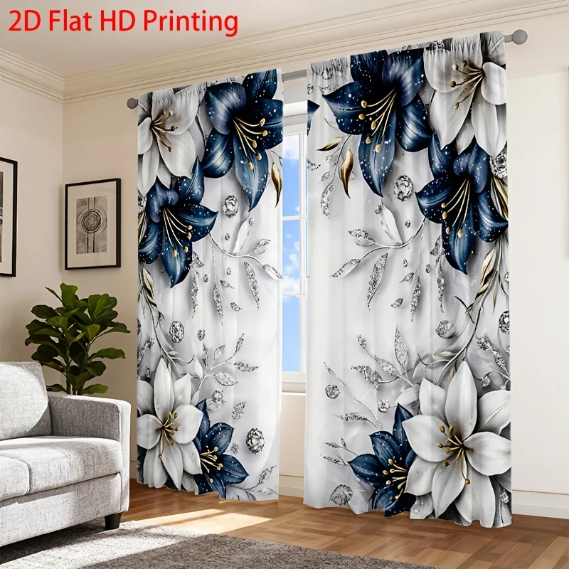 Luxurious Floral Curtains HD Print Blue White Lily Pattern Waterproof Window Drapes Modern Decorative Home Decor Curtains
