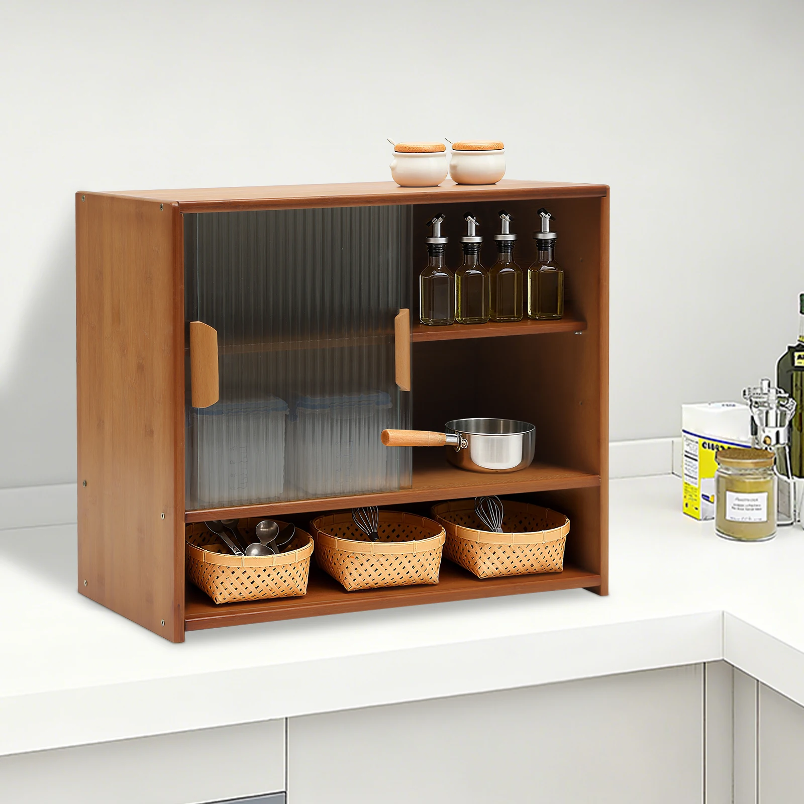

3 Tiers Small Bamboo Kitchen Pantry Sideboard with 2 Sliding Striped Glass Doors, Freestanding Countertop Storage Cabinet