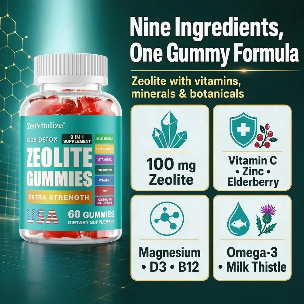 Kids Gummies, Zeolite Detox for Kids 60 Gummies, 9-in-1 with Omega-3, Magnesium, Elderberry, Vitamin D3, Vitamin C, Ect
