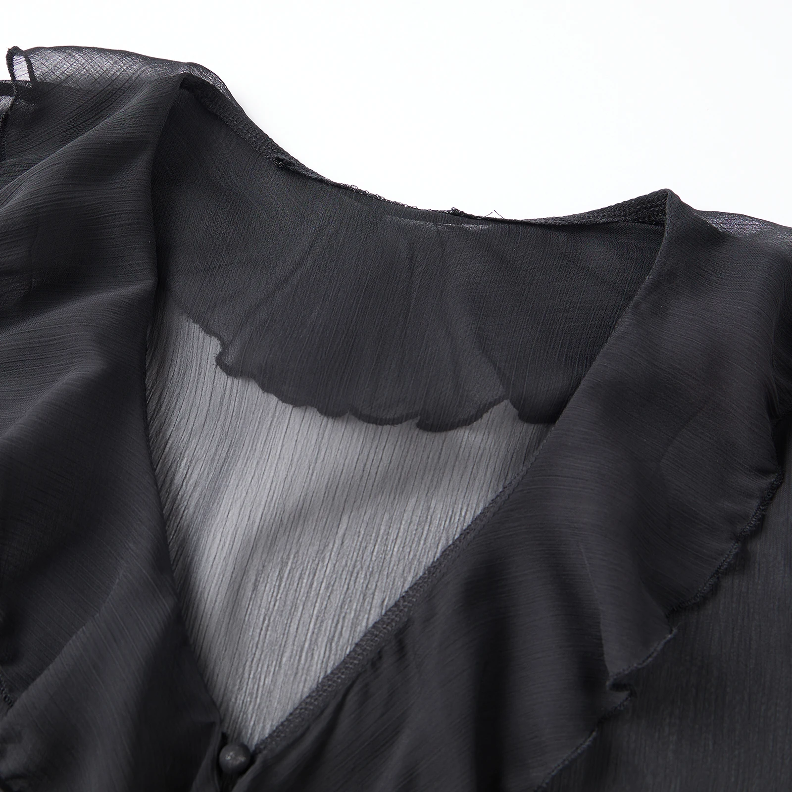

Women Long Sleeve Shirts Solid Color Ruffles V-Neck Loose Blouses Spring Casual Sheer Chiffon Tops Streetwear