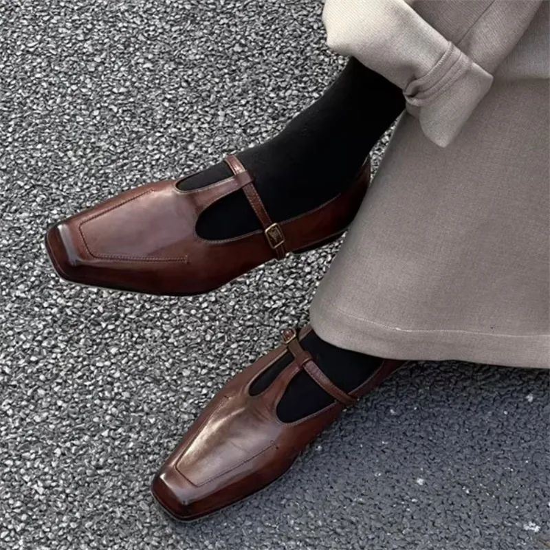 

New Retro Mary Jane Shoes Women Genuine Leather Washed Cowhide Flat Pointed Toe Leather Shoes Female High End Dress Work
