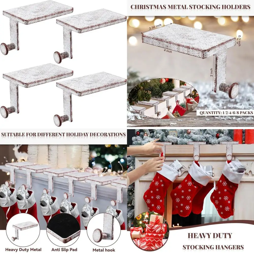 

White Heavy-Duty Christmas Stocking Hangers with Non-Slip Pads for Mantel or Fireplace, Set of 8