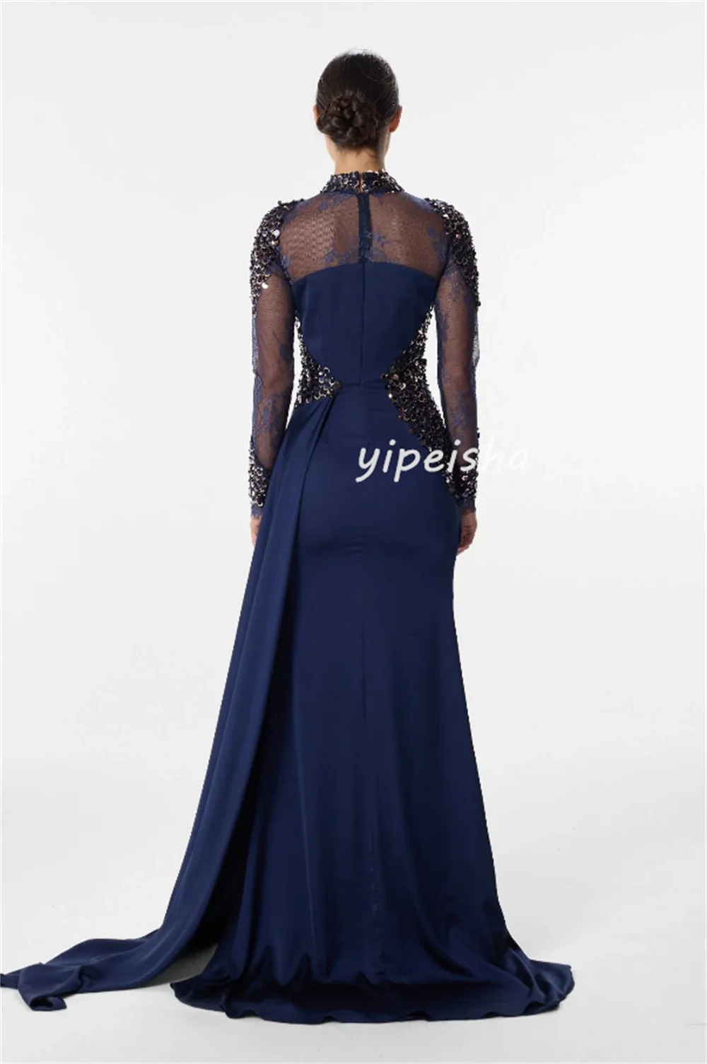 

Customized Modern Style Women Jersey Sequined Ruched Straight Evening Dresses Formal High Collar Long Sleeves Slit Prom Dresses