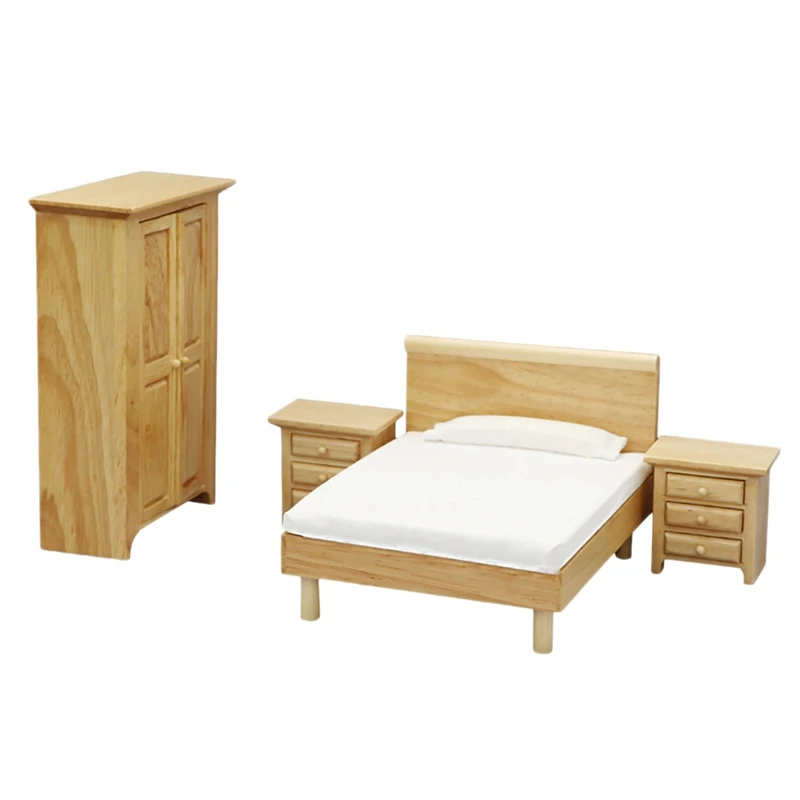 

1:12 Miniature Wood Bedroom Cabinet Set Bedside Table Dollhouse Furniture Accessories Wood Color